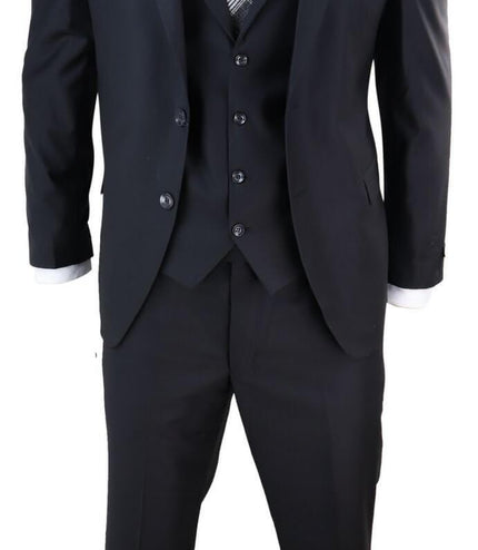 New Mens 3 Piece Suit Plain Black Classic Tailored Fit Smart Casual 1920s Formal