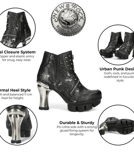 New Rock Womens Neopunk001-C19 Black Gothic Heeled Punk Leather Ankle Boots
