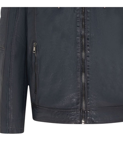 Men's Hooded Biker Lamb Leather Jacket - Burten - Navy