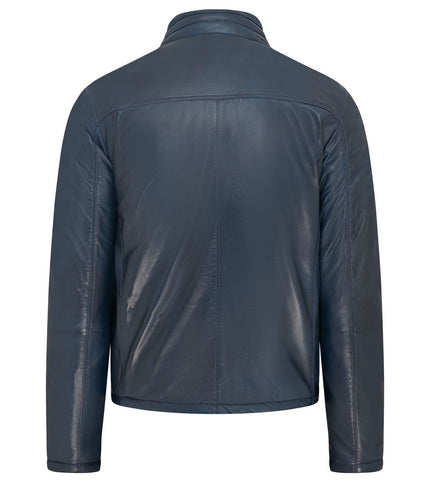 Mens Reversible Hooded Leather Jacket Premium Lambskin Napa - Blue/Khaki