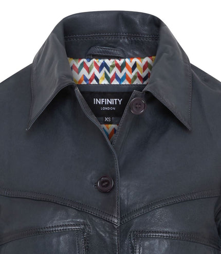 Womens Vintage Classic Lamb Leather Collared Biker Jacket - Navy