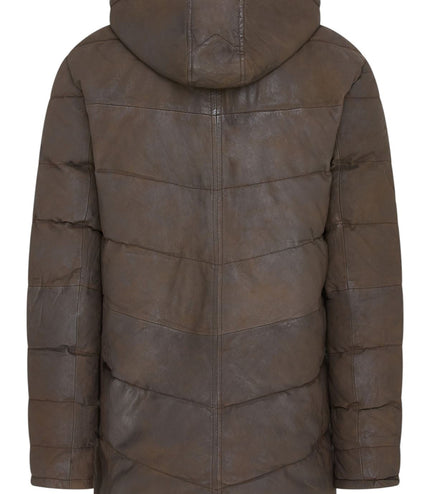 Men's Brown Leather Quilted Jacket Hooded Puffer Winter Coat - Olyic