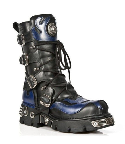 New Rock Unisex Black/Blue Leather Gothic Biker Skull Boots - 107-C5