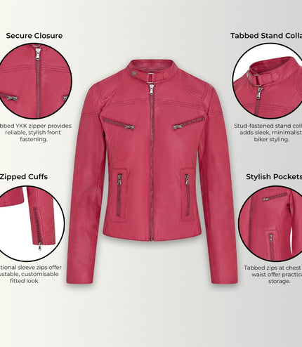 Womens Slim-Fit Leather Biker Jacket-Maldon - Fuschia
