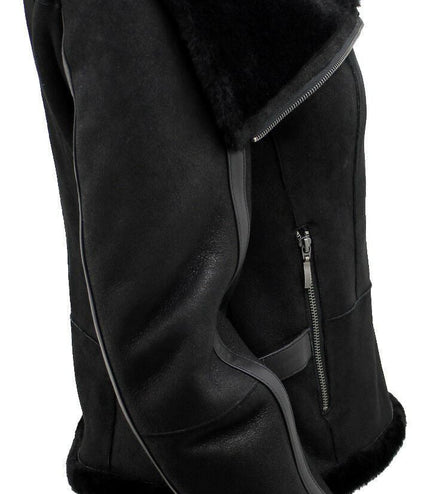 Womens Merino Sheepskin Aviator Leather Jacket-Asmara - Black