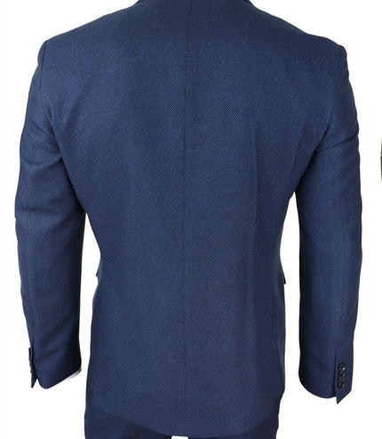 Mens 3 Piece Navy Blue Birdseye Tweed Classic Suit