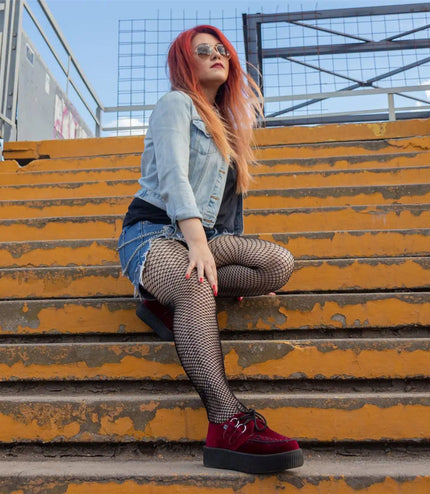 TUK Viva High Creeper Burgundy Velvet Platform Lace-Up Goth Shoes - AV6802
