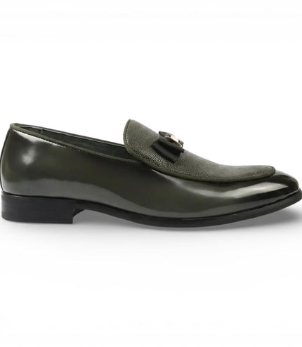 Mens Olive Green Textured Front Iconic Buckle Bow Loafers Shoes