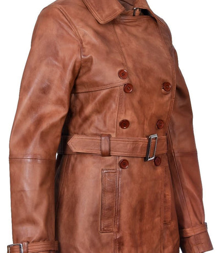 Womens Nappa Leather Trench Coat-Mosul - Tan