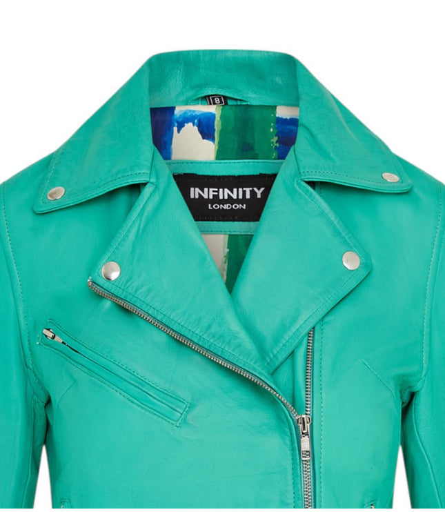 Women's Classic Brando Biker Leather Jacket - Broome - Aqua