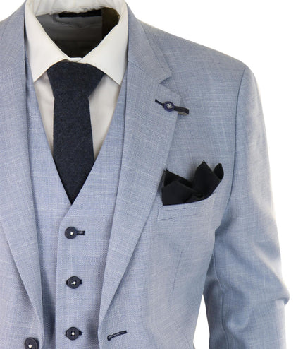 Mens 3 Piece Linen Suit Light Blue Summer Tailored Fit Wedding Prom Classic Suit