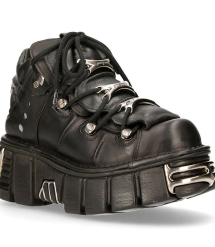 New Rock 106-S1 Black Gothic Leather Ankle Boots with metallic platform sole
