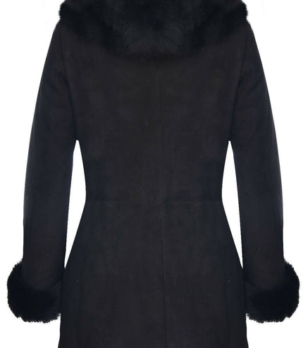 Ladies Suede Merino Sheepskin Coat-Samara - Black