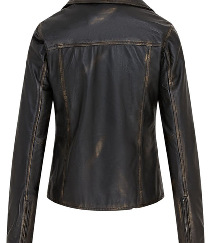 Women's Classic Brando Biker Leather Jacket - Broome - Vintage Black