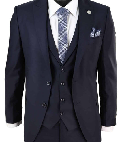 New Mens 3 Piece Suit Plain Navy Classic Tailored Fit Smart Casual 1920s Formal