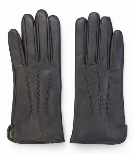 Womens Brown Italian Leather Winter Stitch Line Design Soft Wool Lining Gloves - L-GLV-301