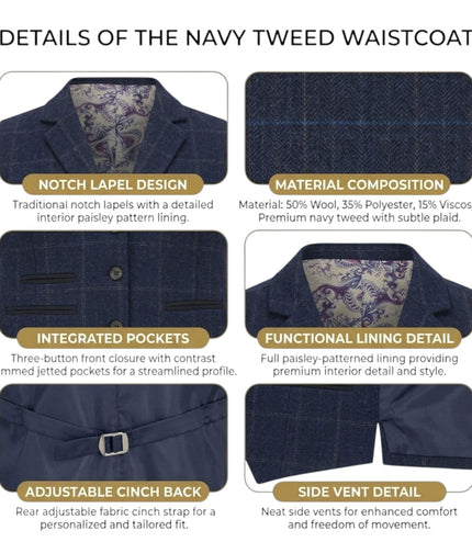 Women's Navy Tailored Fit Tweed Waistcoat Formal Vest - TPSTZ-7