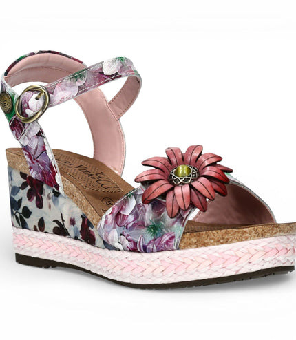 Laura Vita Women's Facyo 75 Lilac Purple Floral Leather Wedge Espadrille Sandals