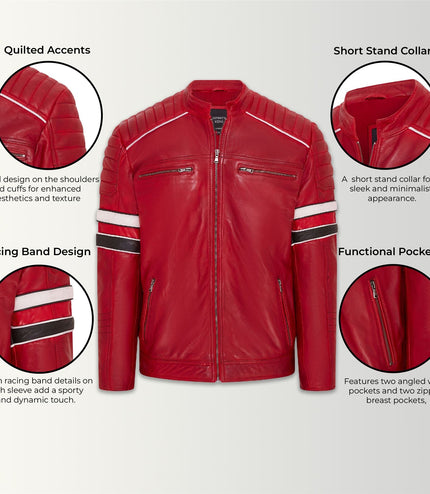 Mens Quilted Biker Leather Jacket Racing Jacket - Red