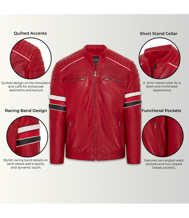 Mens Quilted Biker Leather Jacket Racing Jacket - Red