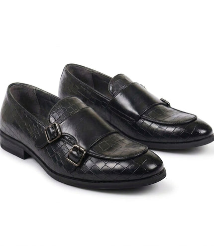 Men's Black Vegan Leather Double Monk Strap Loafer Shoes