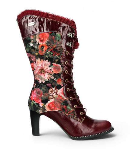 Laura Vita Floral Womens Goth Victorian Red Leather Heeled High Boots - Alcbane-351