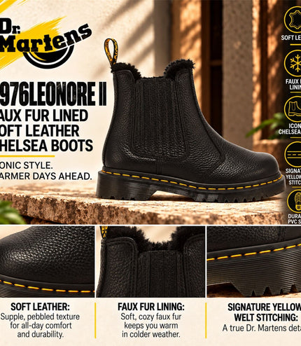Dr Martens 2976 Leonore II Black Fur Lined Chelsea Boots - 41416001