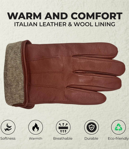 Men's Tan Brown Italian Leather Warm Wool Lining Winter Gloves - M-LGV-305