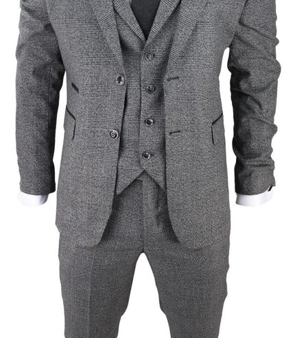 Mens Grey 3 Piece Suit Prince of Wales Check Classic Tailored Fit Wedding Suit