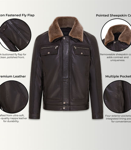 Mens Leather Jacket Trucker Removable Sheepskin Collar Casual Jacket - Black
