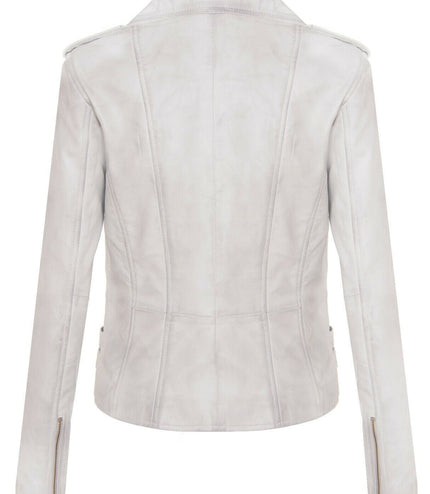 Womens Leather Brando Biker Jacket-Orlando - White