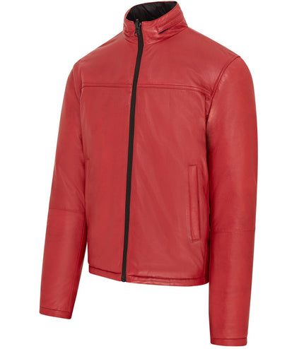 Mens Reversible Hooded Leather Jacket Premium Lambskin Napa - Red/Black