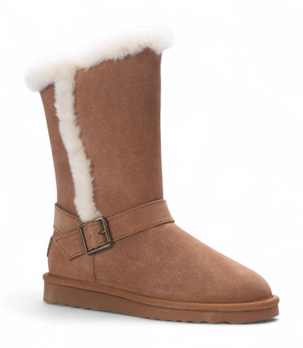 Women's Genuine Sheepskin Tan Brown Suede Calf Winter Warm Boots - Redwood