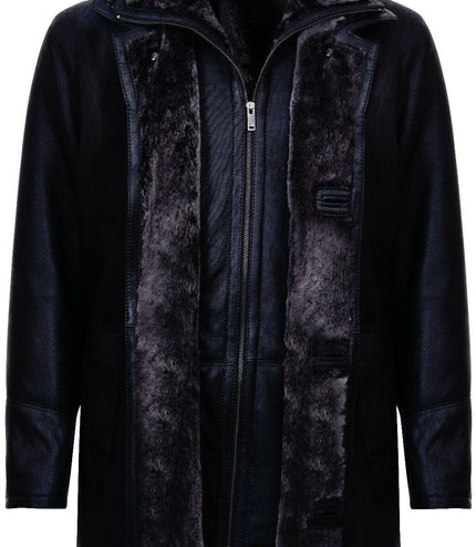 Mens Warm Shearling Sheepskin Leather Coat-Florence - Black