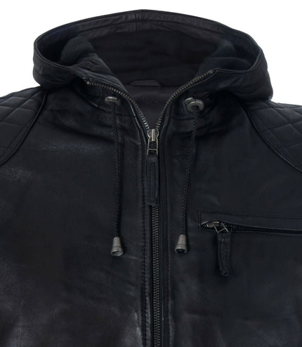 Mens Retro Hooded Leather Bomber Jacket-Zaria