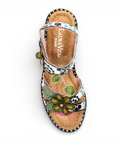 Laura Vita Women's Ballon 08 Beige Floral Leather Wedge Espadrille Sandals