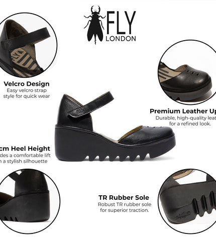 Fly London Women's Black Biso305Fly Mousse Leather Wedge Sandals