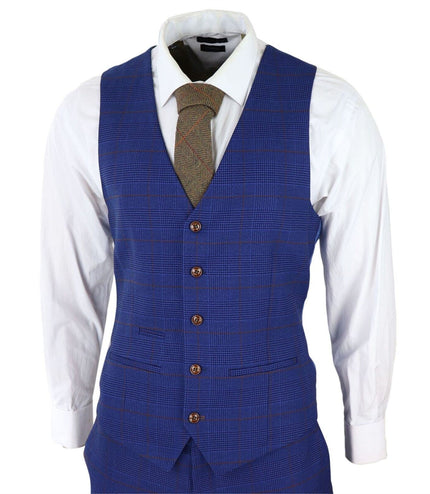 Mens Blue Brown Check 3 Piece Tailored Fit Suit
