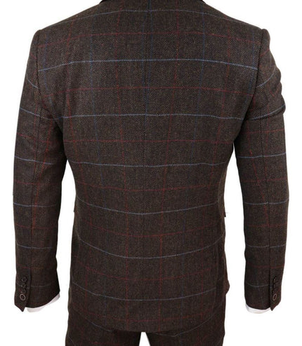 Mens 3 Piece Dark Brown Check Tweed Herringbone Vintage Classic Suit