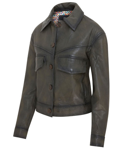 Womens Vintage Classic Lamb Leather Collared Biker Jacket - Olive