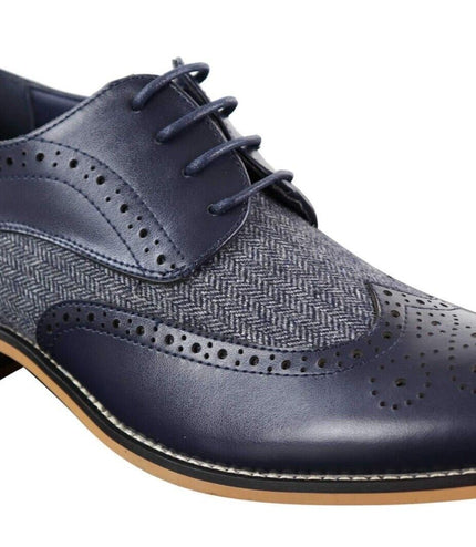 Mens Classic Oxford Tweed Brogue Shoes In Navy Leather
