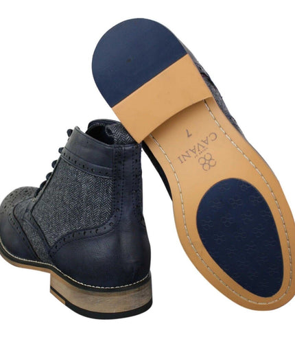 Mens Classic Tweed Oxford Ankle Boots In Navy Leather
