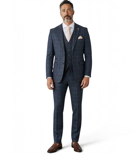 Men's Navy 3 Piece Wool Blend Tweed Suit - Harris