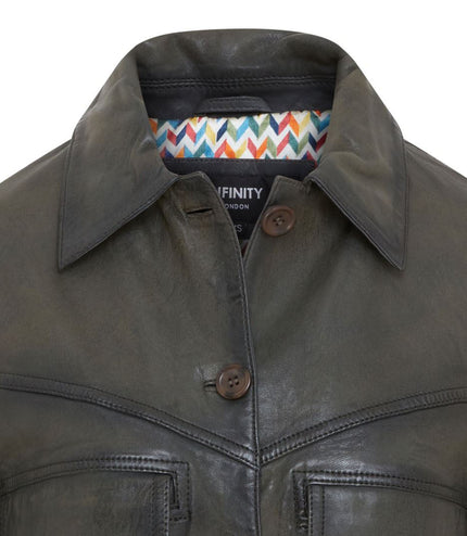 Womens Vintage Classic Lamb Leather Collared Biker Jacket - Olive