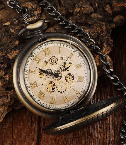 Antique Gold Wooden Half-Hunter Skeleton Alloy Pocket Watch