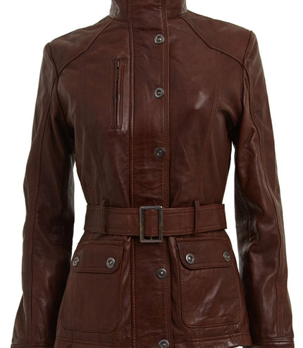Womens Military Style Leather Biker Jacket-Phoenix - Brown
