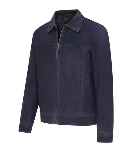Mens Navy Goat Suede Leather Harrington Biker Jacket - Berlin