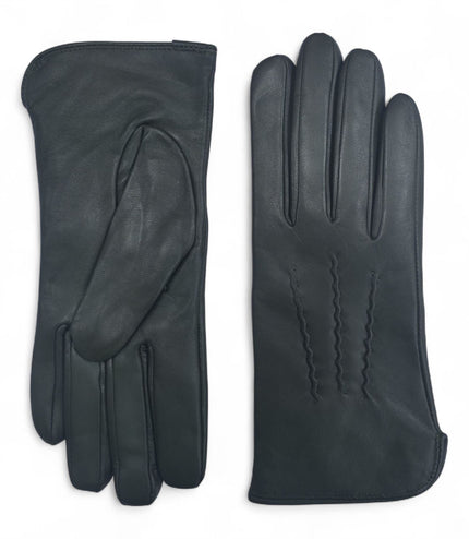 Womens Olive Green Italian Leather Winter Stitch Line Design Soft Wool Lining Gloves - L-GLV-301