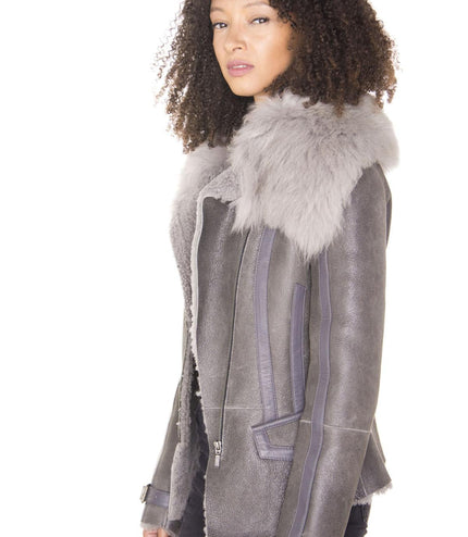 Womens Grey Toscana Shearling Flying Jacket-Teresina