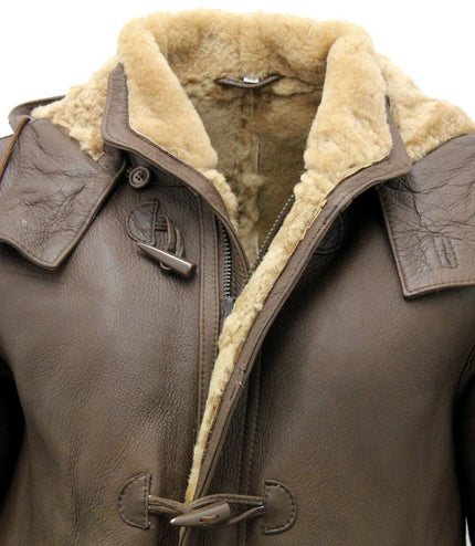 Mens Sheepskin Leather Hooded Duffle Coat-Hanko